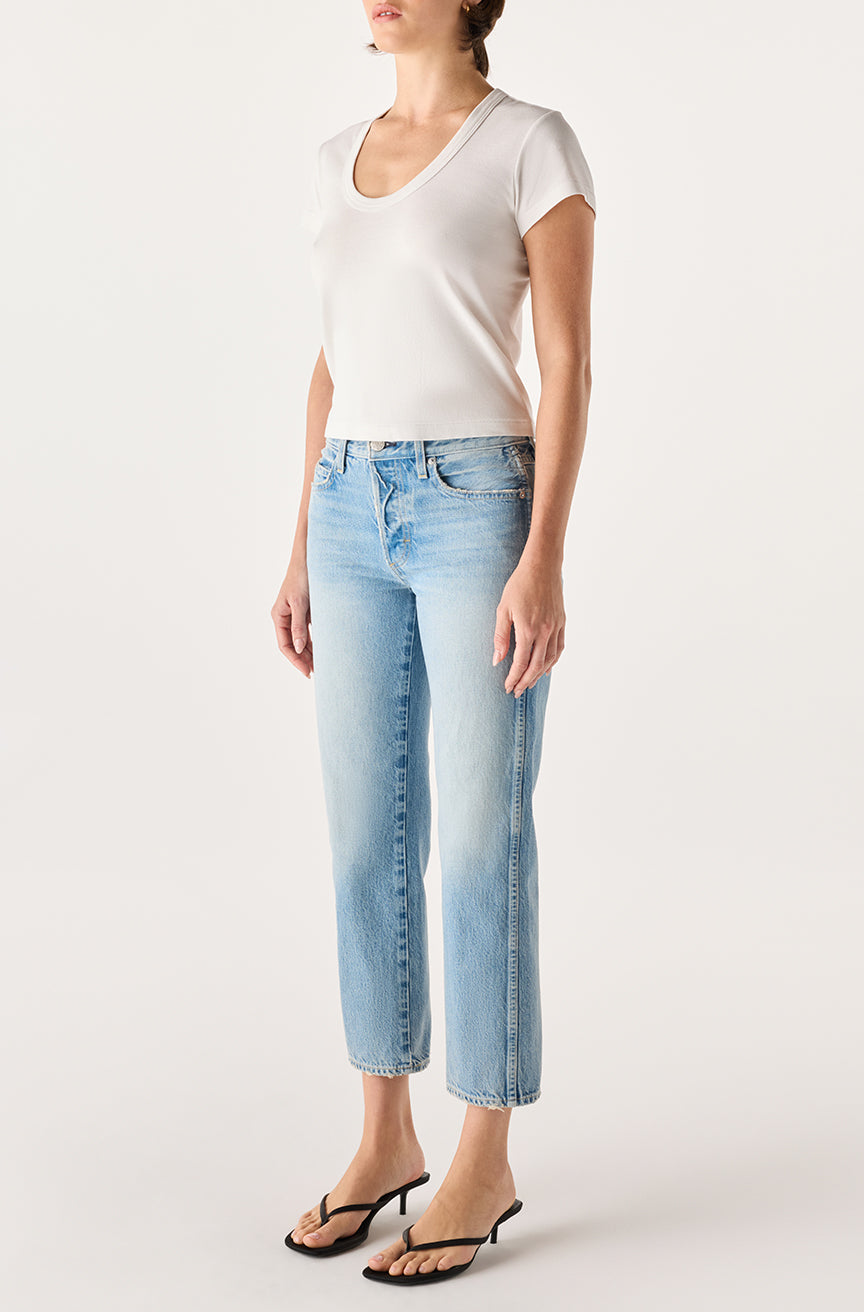 Woman wearing denim blue jeans