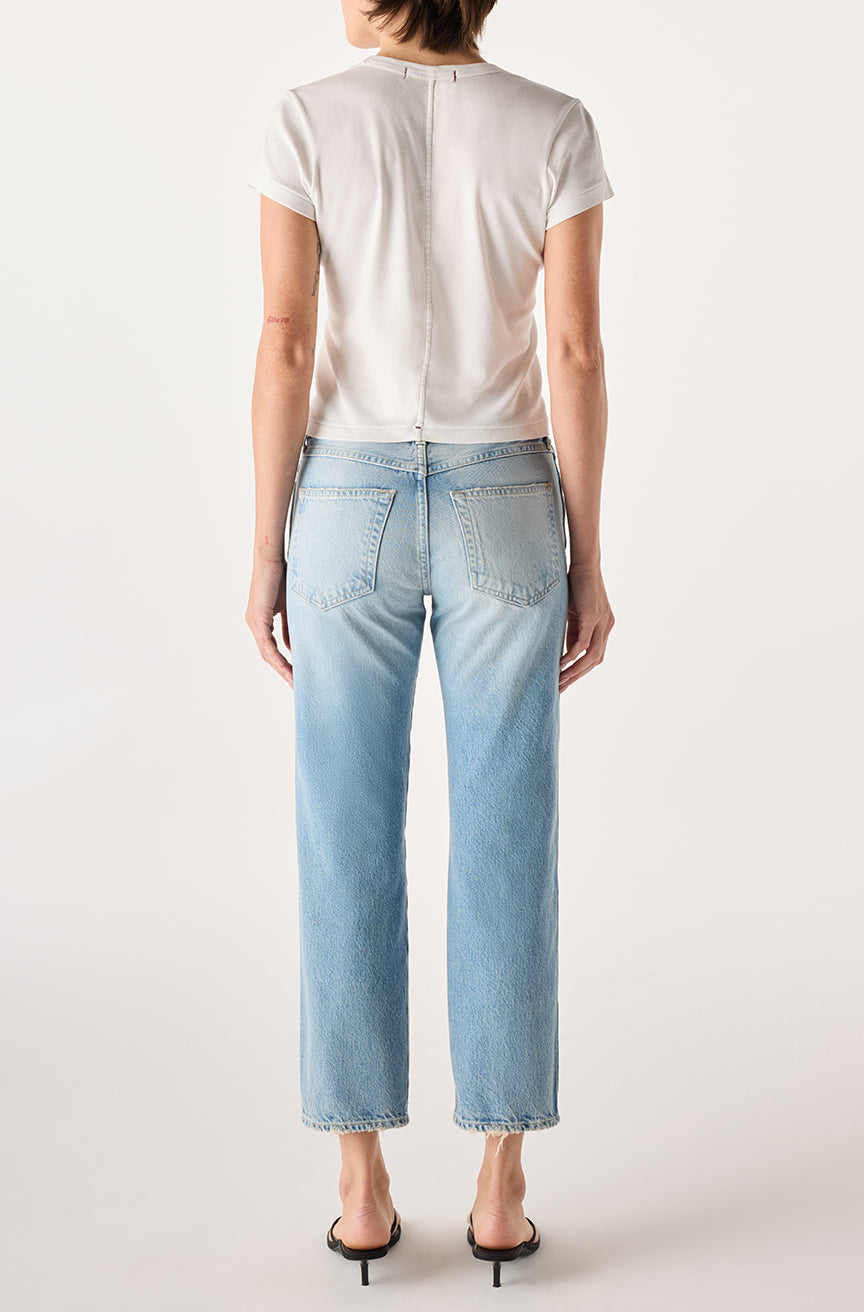 Woman wearing denim blue jeans