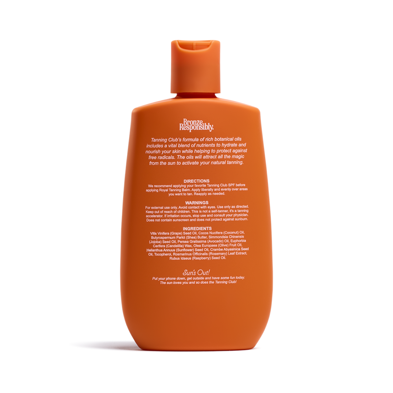 Orange plastic bottle of tanning balm with white and yellow text listing directions, warnings, and ingredients.