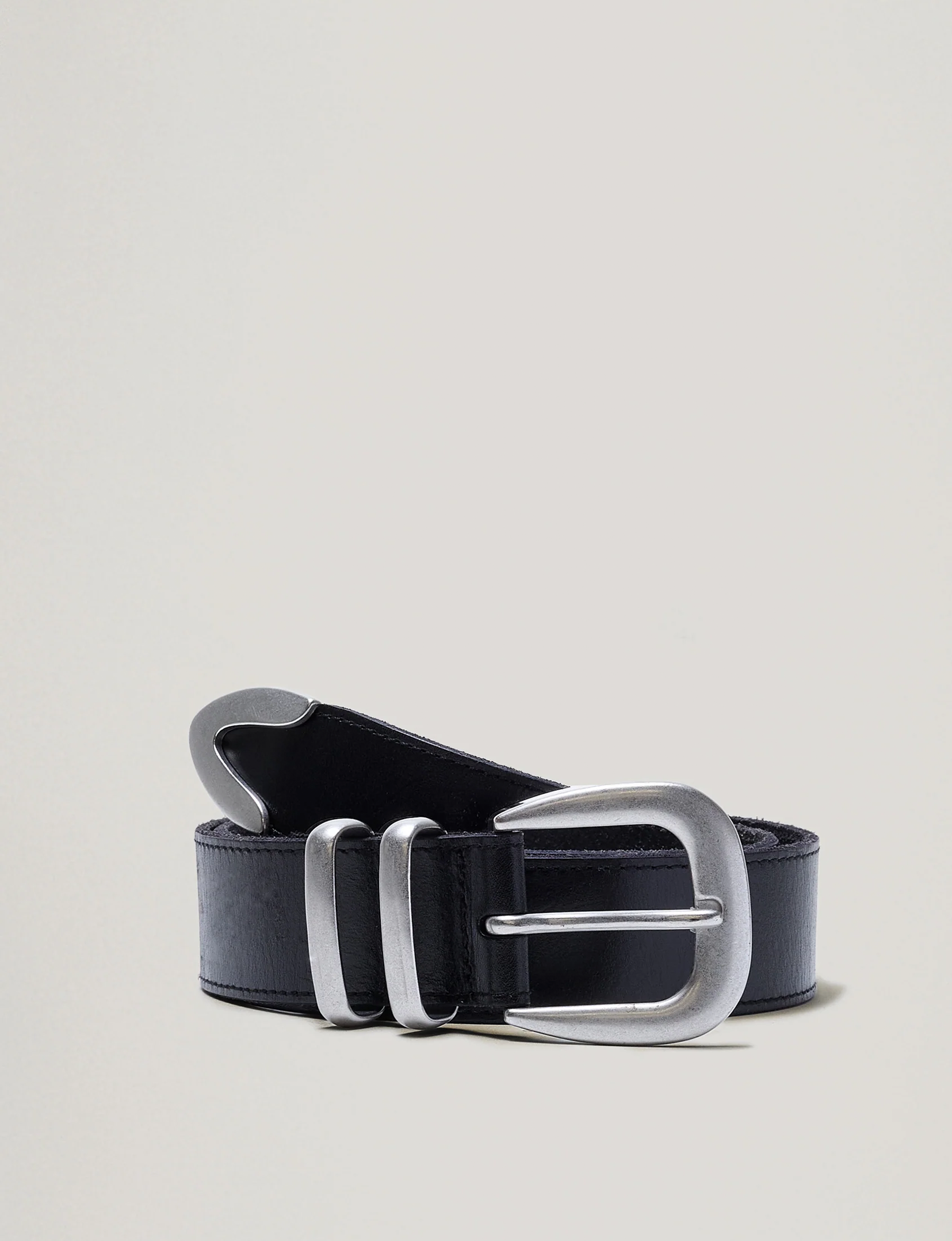 Black leather belt with a wide strap, large silver buckle, and metal hardware, displayed on a plain light background.