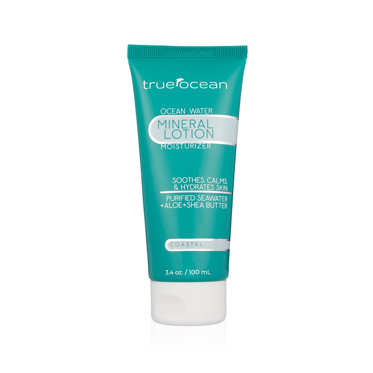 3.4 oz white tube of mineral body lotion with ocean water, aloe, and shea butter for moisturizing skin.