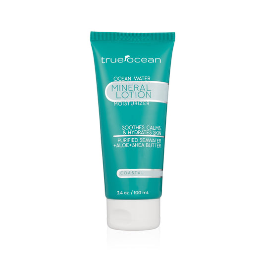 3.4 oz white tube of mineral body lotion with ocean water, aloe, and shea butter for moisturizing skin.