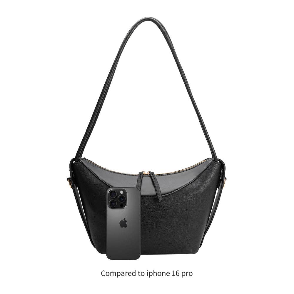 Mushroom-colored recycled vegan shoulder bag with iPhone 16 Pro for scale on a white background.