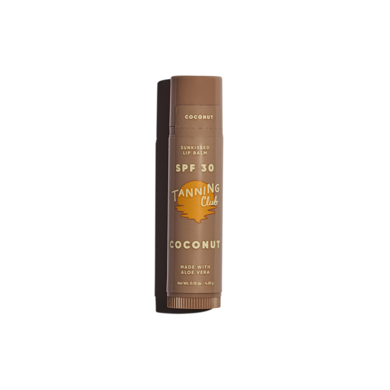 Brown tube of coconut lip balm with SPF 30, made of plastic, stands upright on a plain white background.