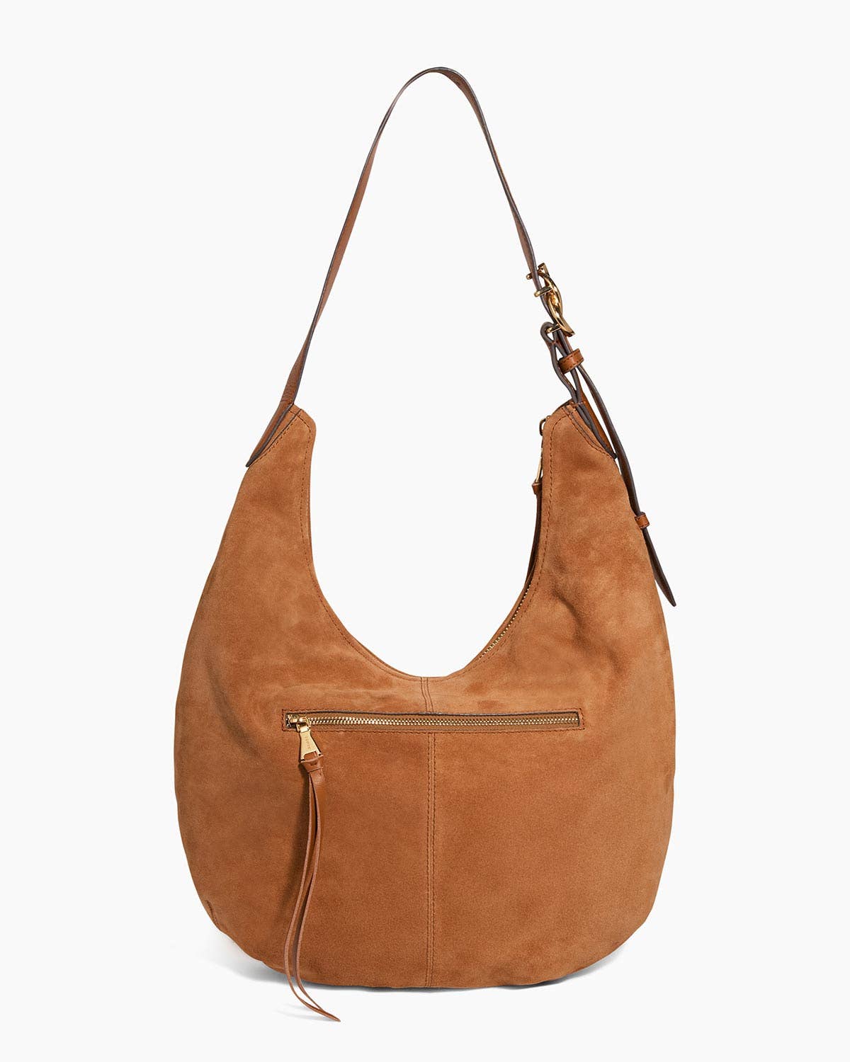 Brown suede large hobo bag with single strap and front zip pocket, shown against a white background.