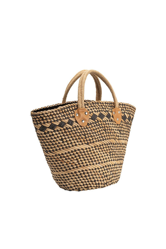 Woven straw bag with wooden handles