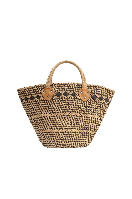 Woven straw bag with wooden handles