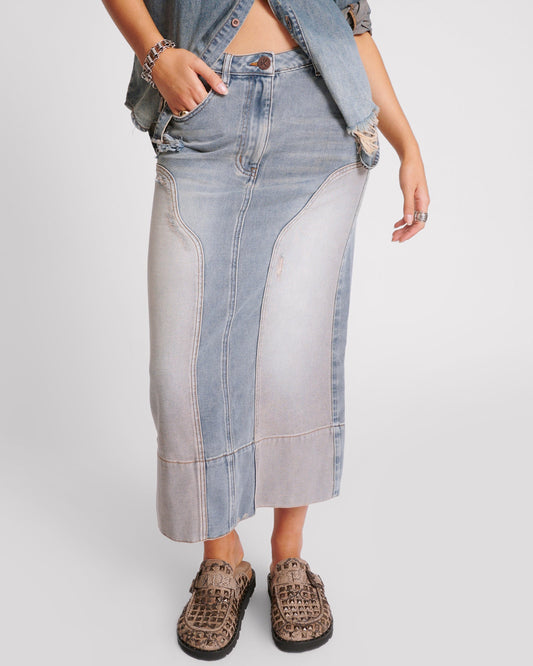 Cassidy Mid Waist Long Denim Column Denim Skirt - Dirty Blue