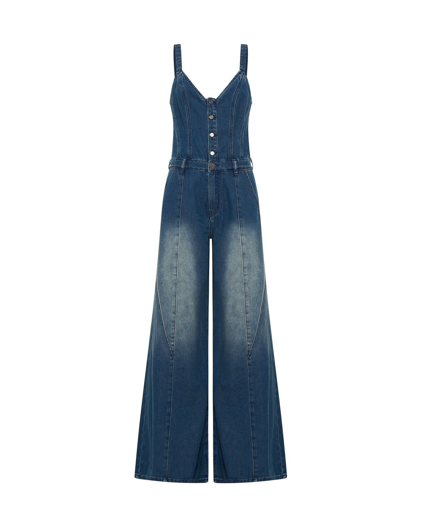 Freida Fit N Flare Denim Jumpsuit - Gritty Blue