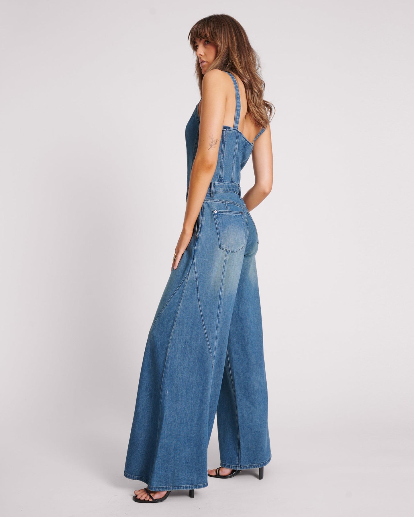 Freida Fit N Flare Denim Jumpsuit - Gritty Blue