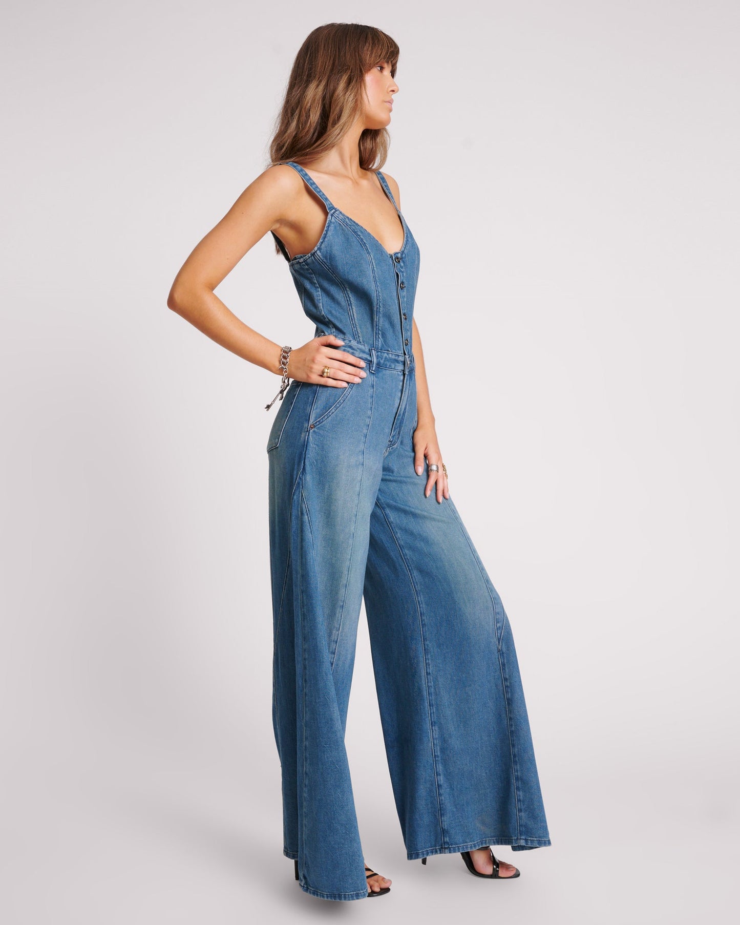 Freida Fit N Flare Denim Jumpsuit - Gritty Blue