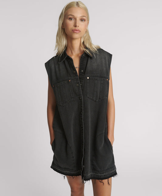 Denim Shirt Dress - Faded Black