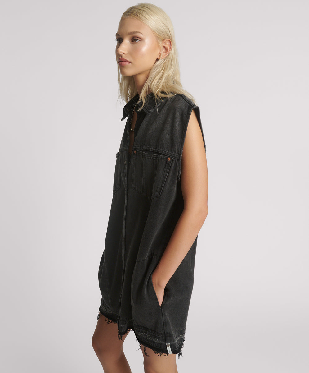 Denim Shirt Dress - Faded Black