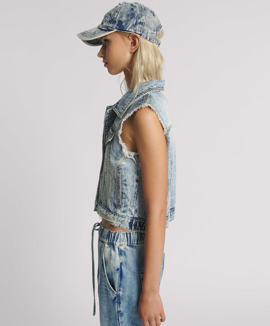 Cropped Denim Trucker Denim Vest - Acid Blue