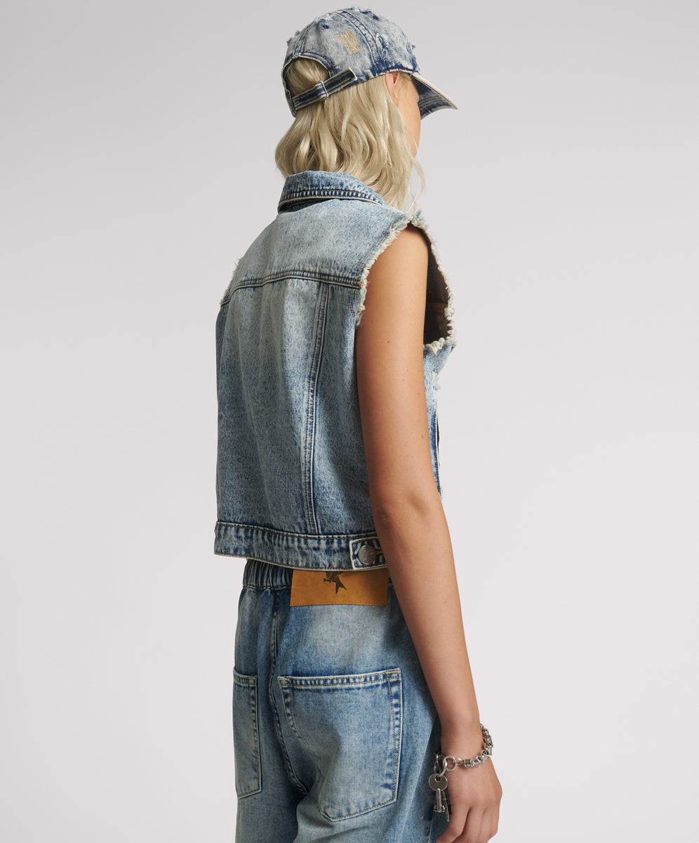 Cropped Denim Trucker Denim Vest - Acid Blue