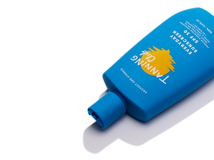 Blue plastic bottle of SPF 30 hydrating sunscreen, cap forward, on a white background.