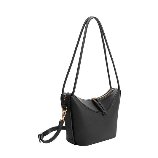 Black recycled vegan shoulder bag with long strap and gold zipper, displayed on a white background.