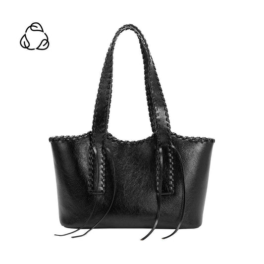 Black recycled vegan shoulder bag with braided handles and tassels, displayed on a plain white background.