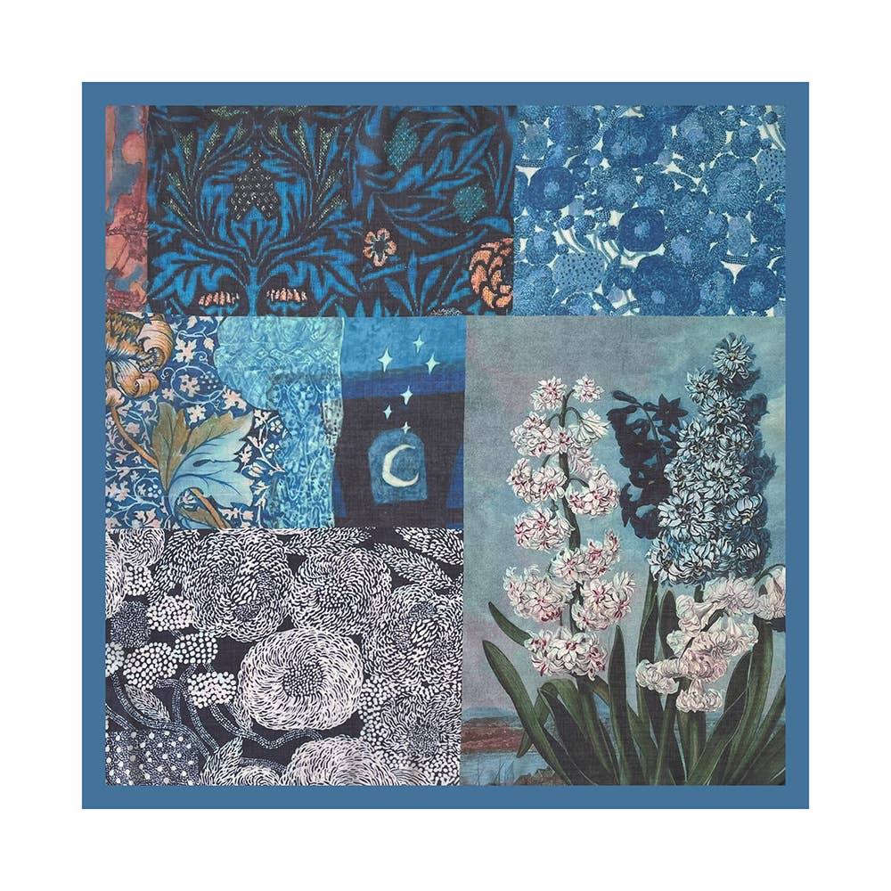 Blue paisley patchwork bandana with floral patterns and crescent moon design, suitable for headwear or neckwear.