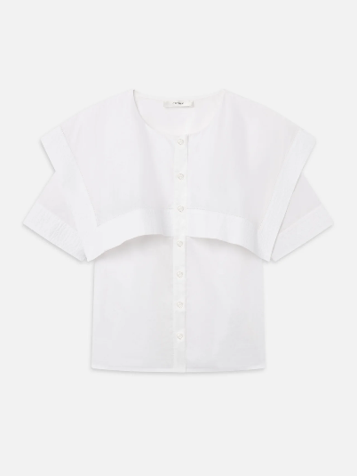 White cotton cape shirt with wide sleeves and a cropped front panel, designed for a modern chest and shoulder fit.