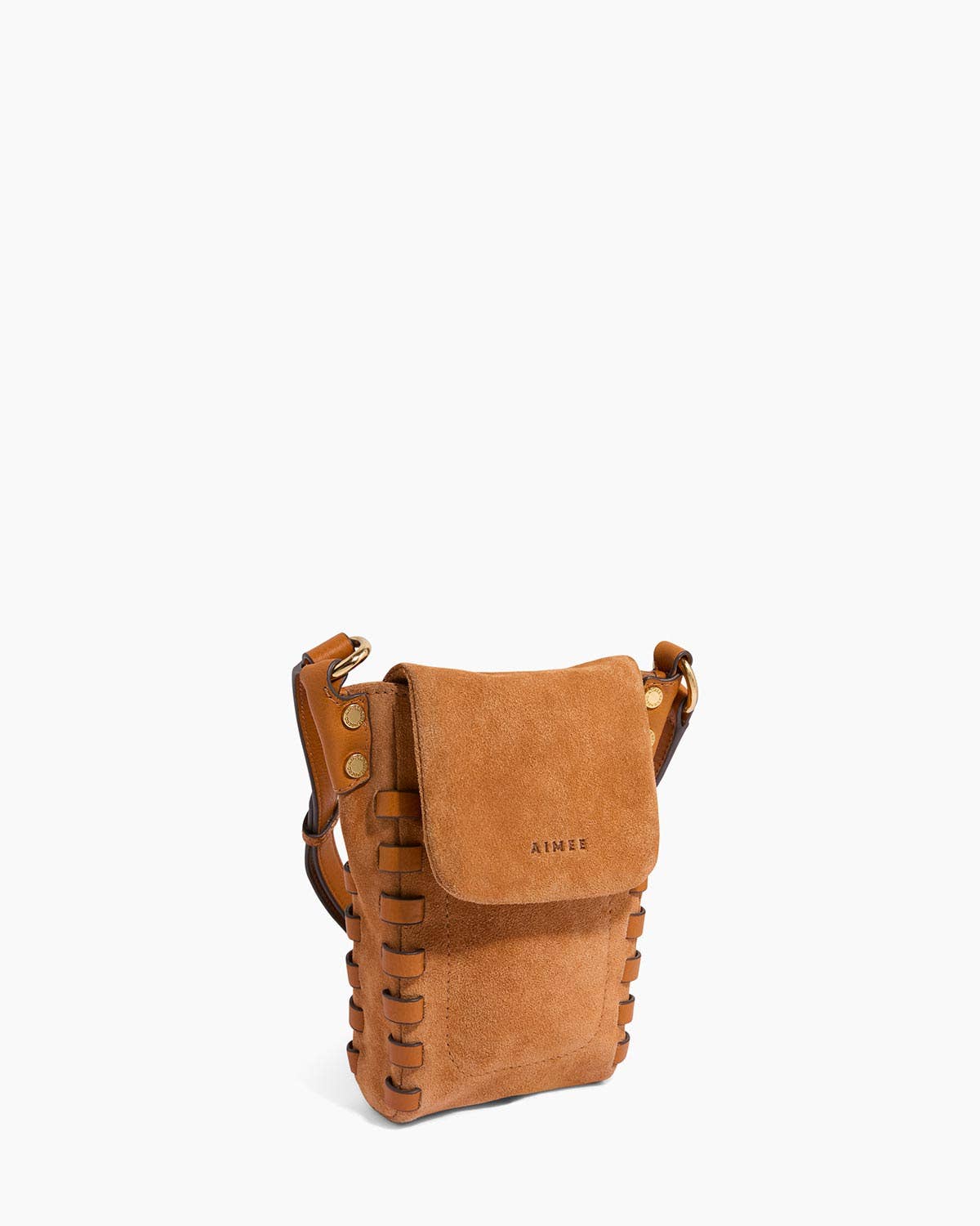 Brown suede crossbody phone bag with flap closure, visible stitching, and an adjustable strap for hands-free use.