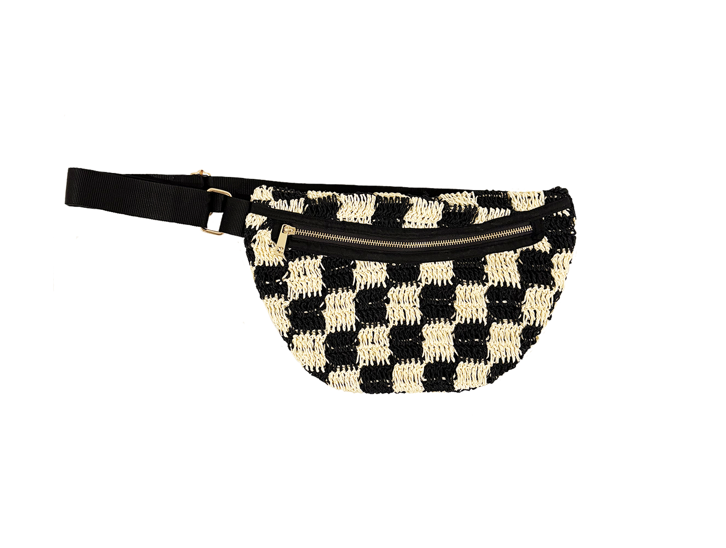 Black and cream checkered sling bag with zip pocket and adjustable strap, suitable for everyday use.