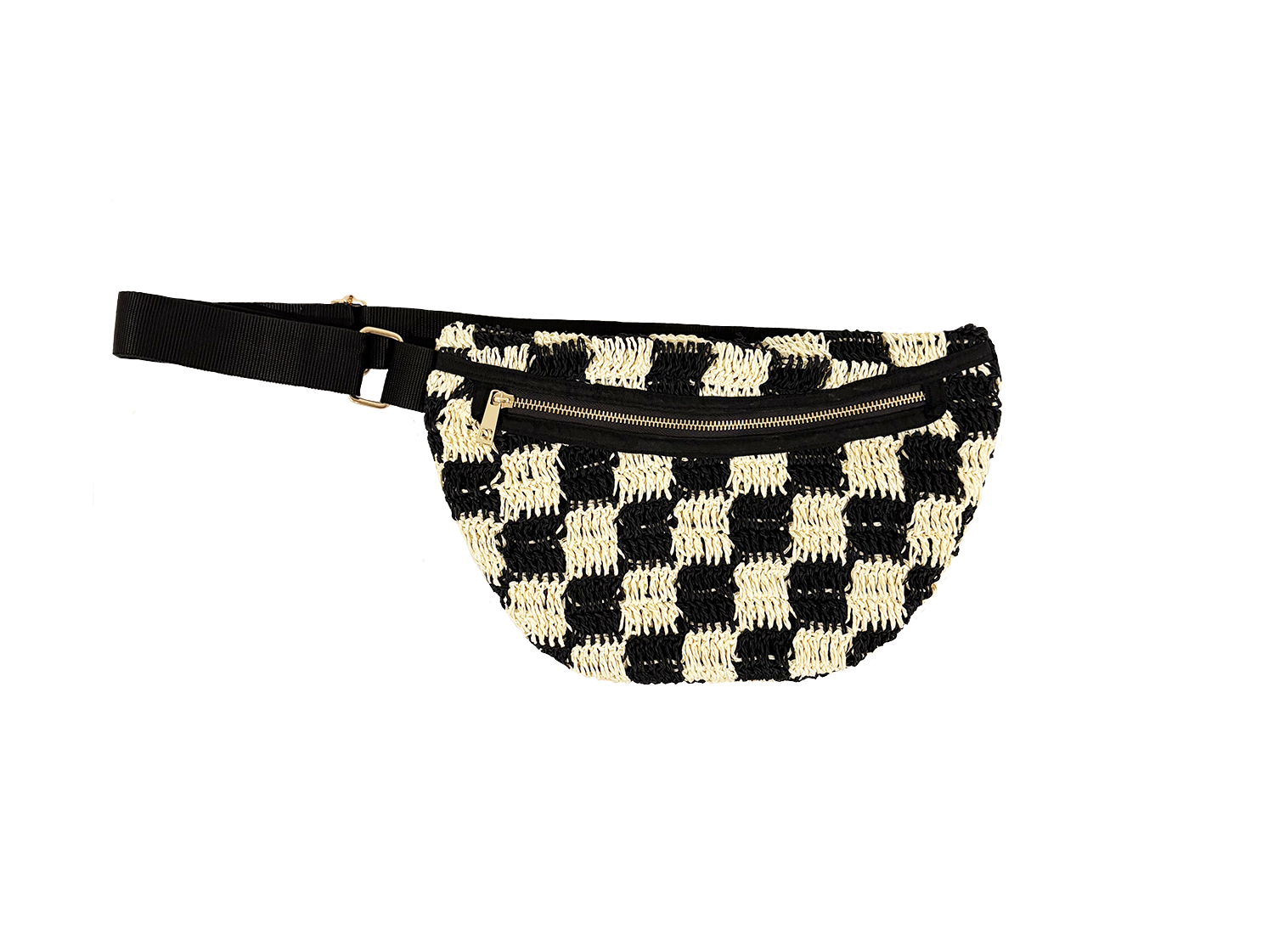 Black and cream checkered sling bag with zip pocket and adjustable strap, suitable for everyday use.