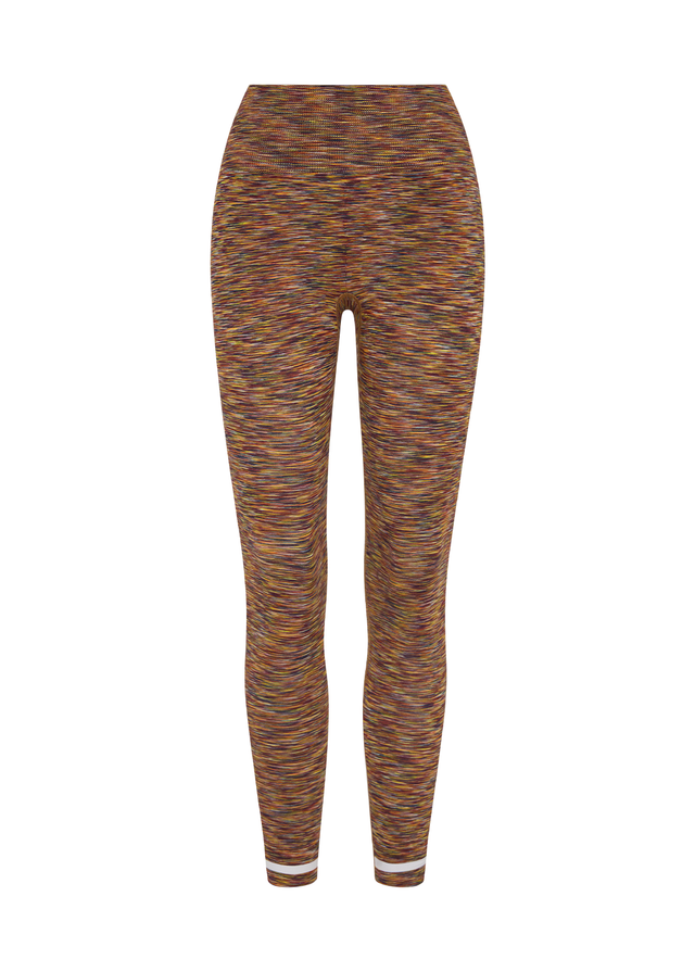 Seamless 25in midi pants with multicolored stripes and spacedye texture, displayed on a white background.