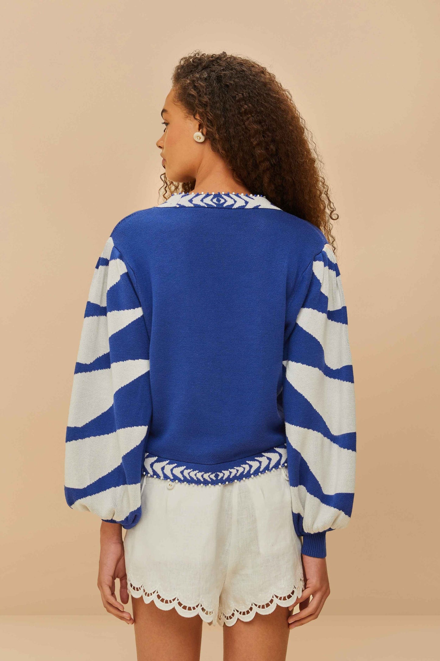 Blue Palms Graphic Knit Cardigan - Blue & White
