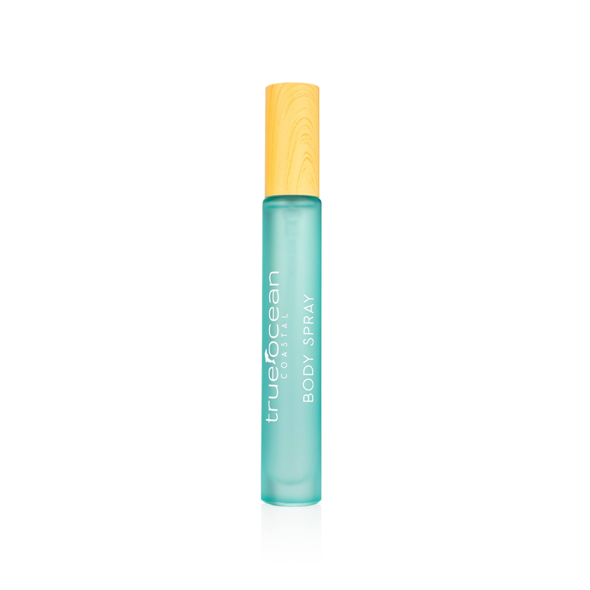 Turquoise body spray bottle with wooden cap, upright on a white background. Suitable for personal fragrance use.