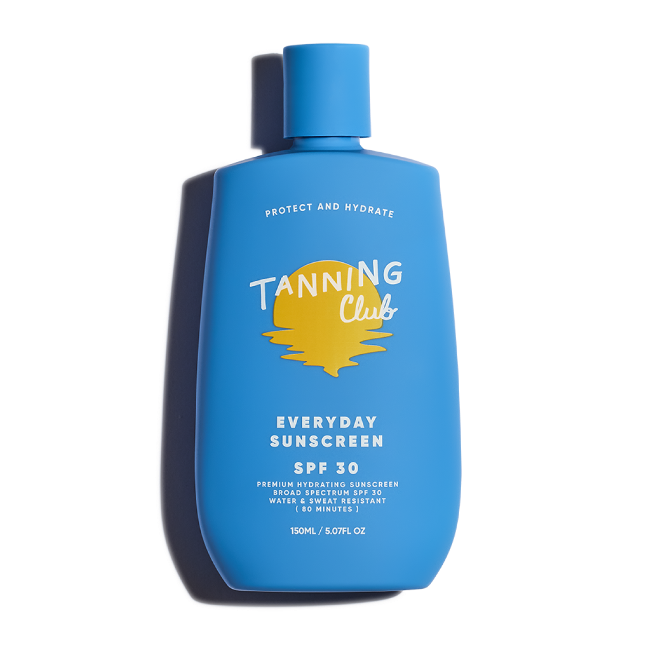 Blue plastic bottle of SPF 30 sunscreen featuring a yellow sun icon on the front, for daily skin protection.