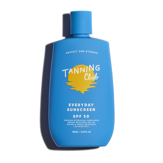 Blue plastic bottle of SPF 30 sunscreen featuring a yellow sun icon on the front, for daily skin protection.