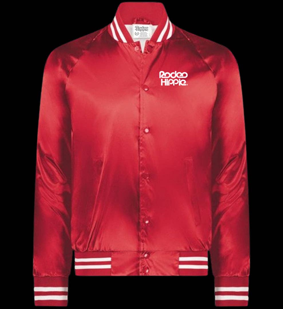 Red satin womens bomber jacket with white stripes in a retro western style; lightweight and casual.