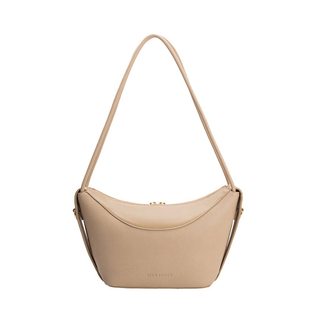 Mushroom-colored recycled vegan shoulder bag with zipper closure and crossbody strap, shown on a white background.