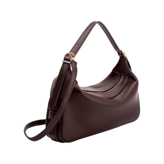 Recycled espresso-brown vegan shoulder bag with gold hardware and a zippered top.