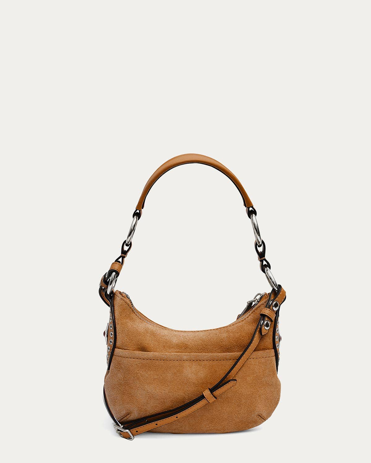 Latte suede mini crossbody with silver hardware, bold strap, and short handle for daily use.