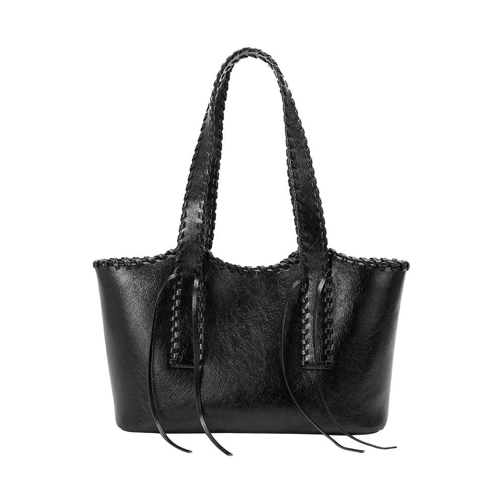 Black recycled vegan shoulder bag with braided handles and whipstitch accents, designed for everyday use.
