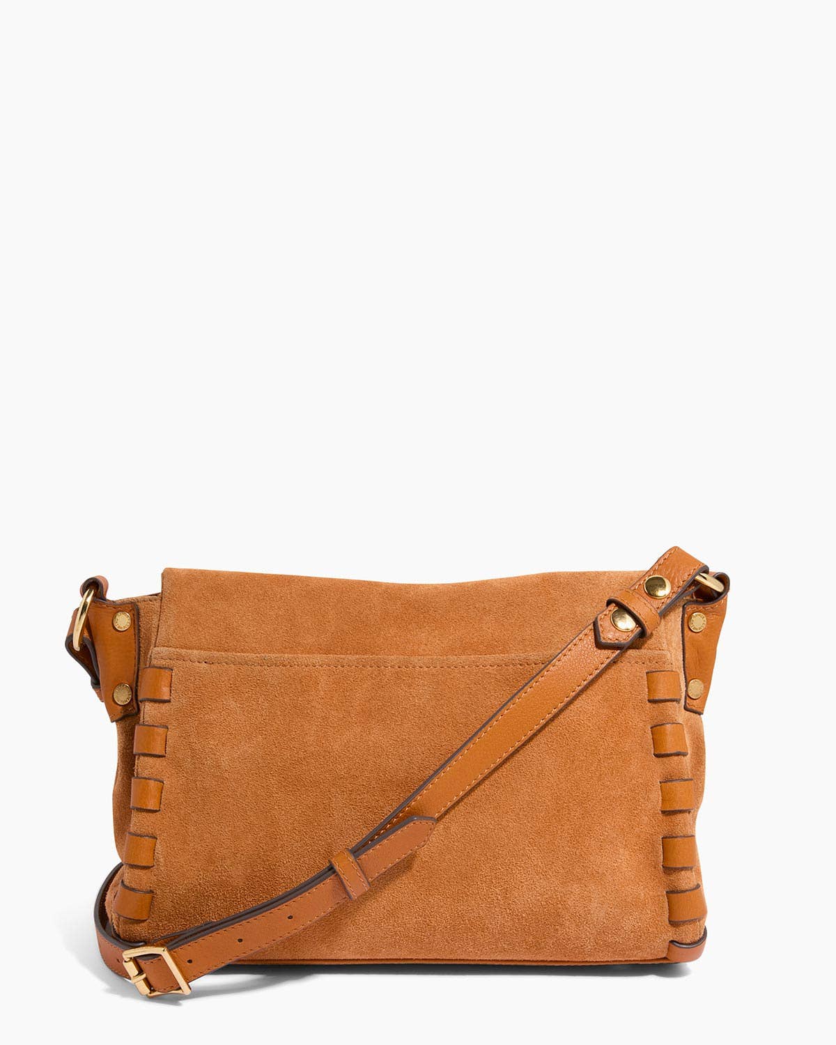 Rustic caramel suede crossbody with whipstitch detail and adjustable strap, displayed on a white background.
