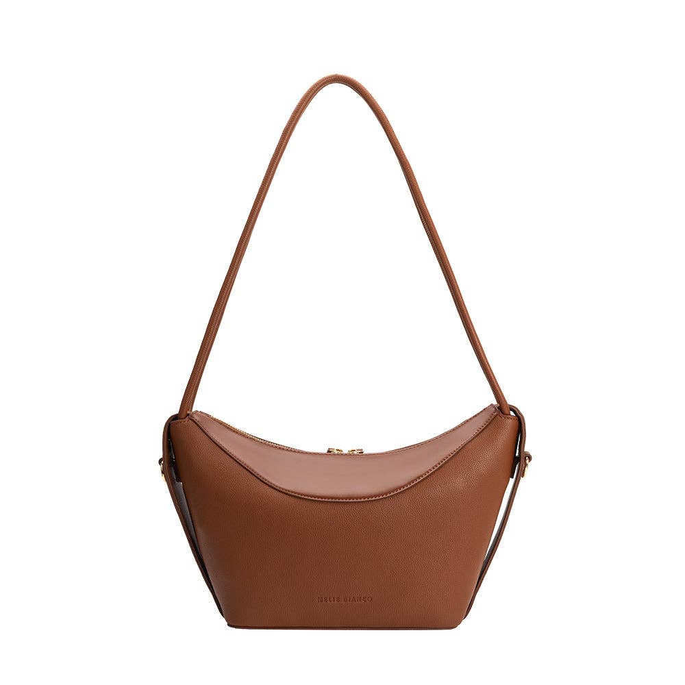 Brown curved shoulder bag with crossbody strap, made from recycled vegan leather.