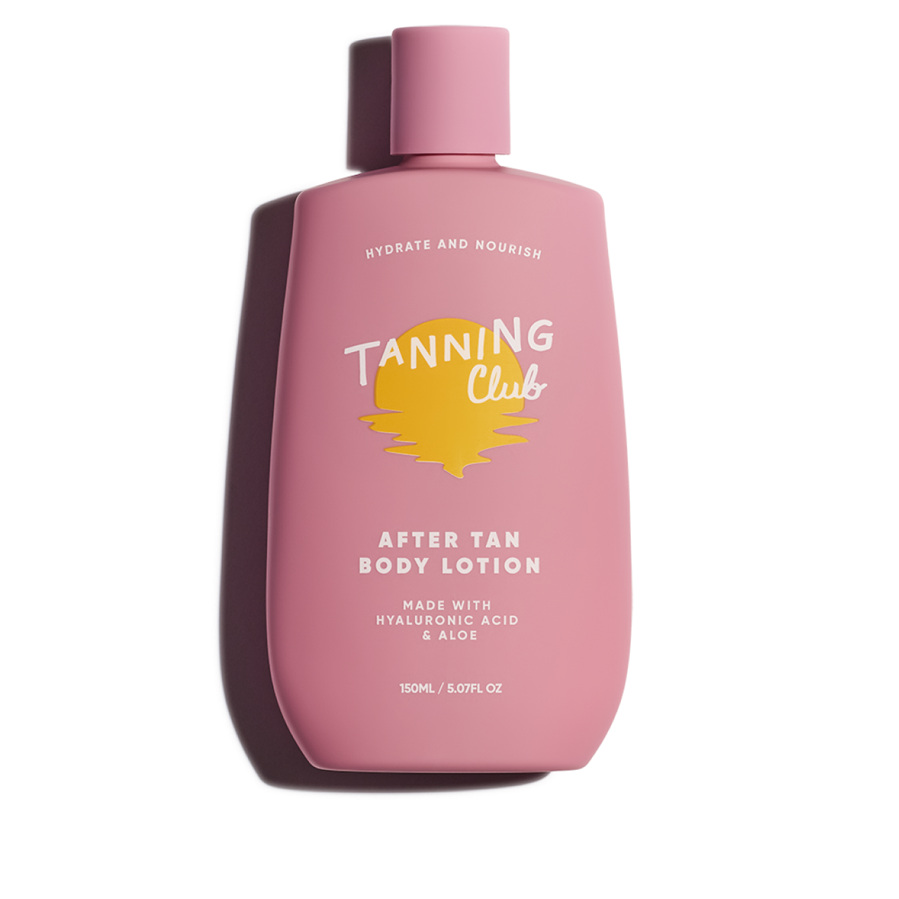 150ml pink plastic bottle of after-tan body lotion with hyaluronic acid and aloe for post-sun skin hydration.