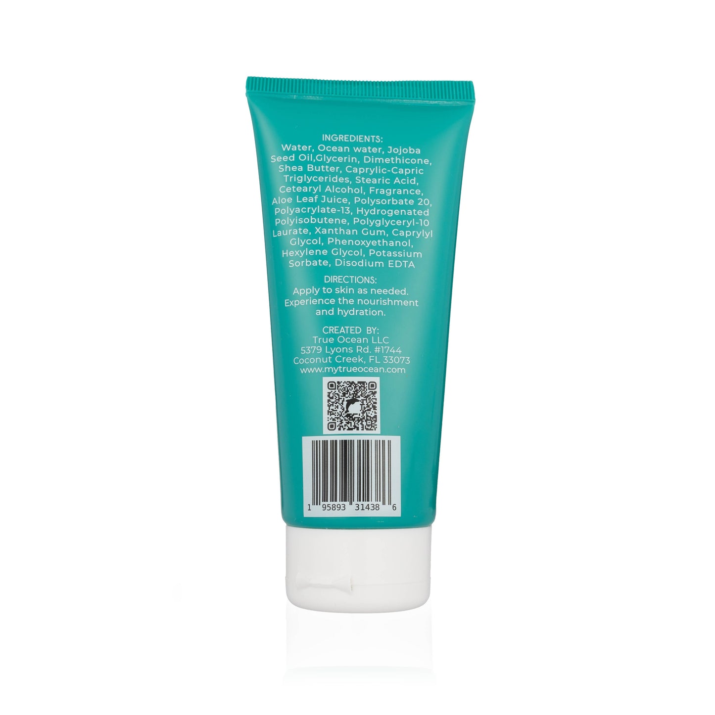 Teal tube of mineral lotion face cream with shea butter, white text label, and barcode at the bottom.