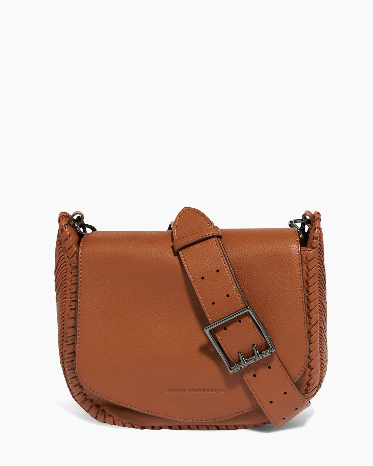 Brown leather crossbody bag with adjustable strap, large buckle, and stitched edges for hands-free daily use.