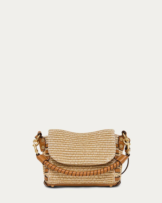 Tan/beige raffia mini crossbody with leather trim, gold hardware, and shoulder strap on a white background.