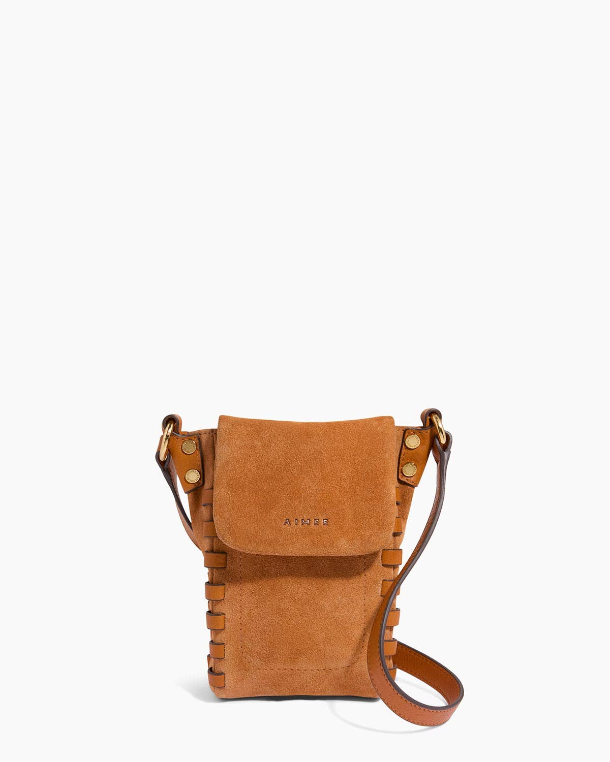 Tan suede leather crossbody phone bag with flap closure, stitched edges, and adjustable strap.