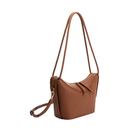 Structured recycled vegan leather saddle bag in neutral tones with zip closure, displayed on a white background.