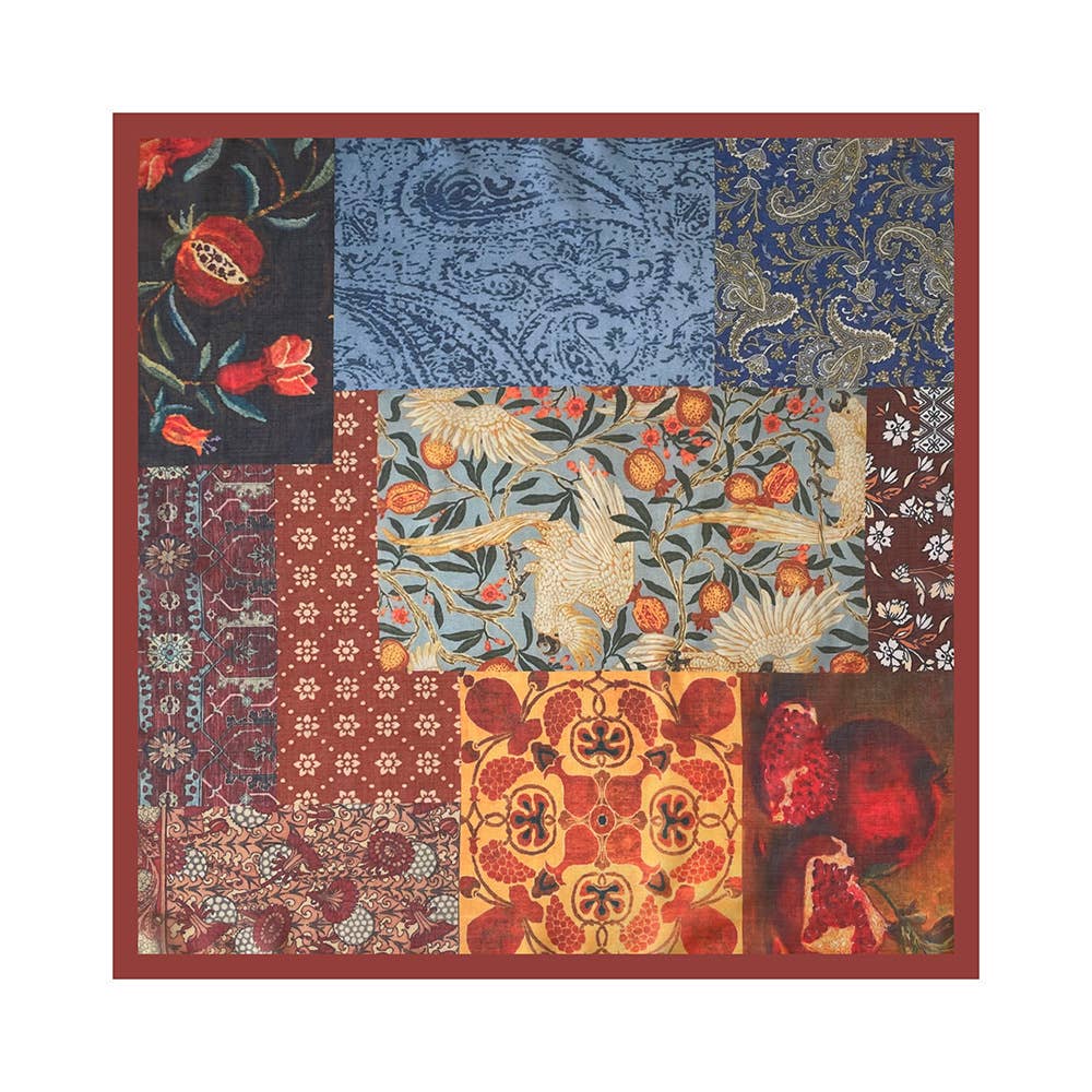 Red, blue, and gold paisley cotton bandana; versatile accessory for hair or neck.