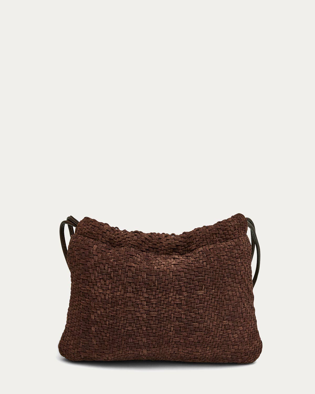Brown handwoven leather shoulder bag with dark handles and a rectangular shape, shown on a white background.