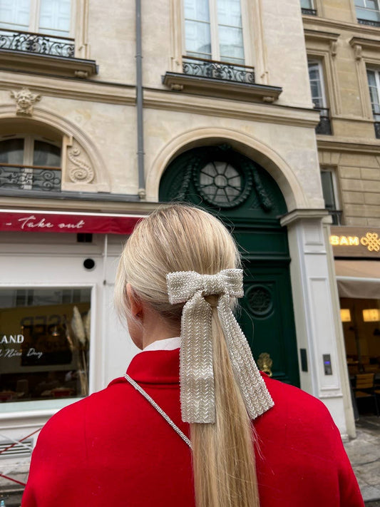 Silver Beaded Hair Bow Barrette