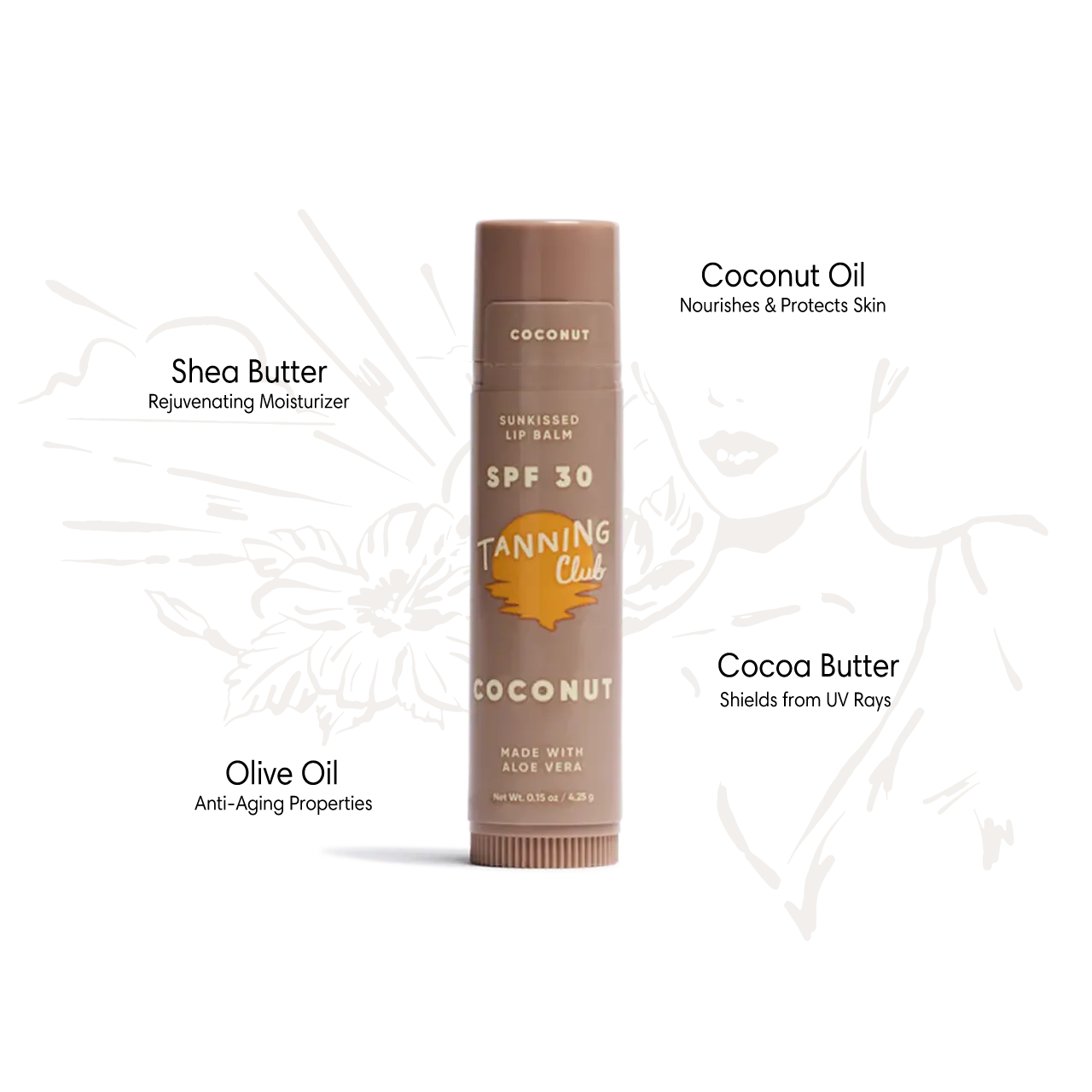 Coconut lip balm, tube form; contains shea and cocoa butter; SPF 30 for moisturizing and sun protection.