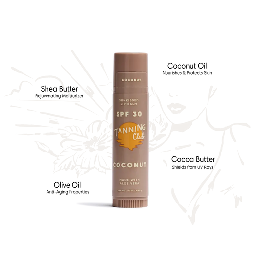 Coconut lip balm, tube form; contains shea and cocoa butter; SPF 30 for moisturizing and sun protection.
